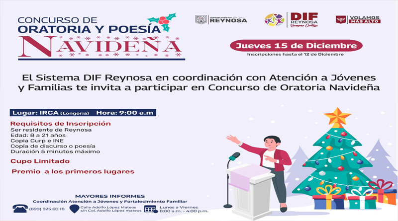 Realizará DIF  Reynosa concurso de Poesía y Oratoria Navideña